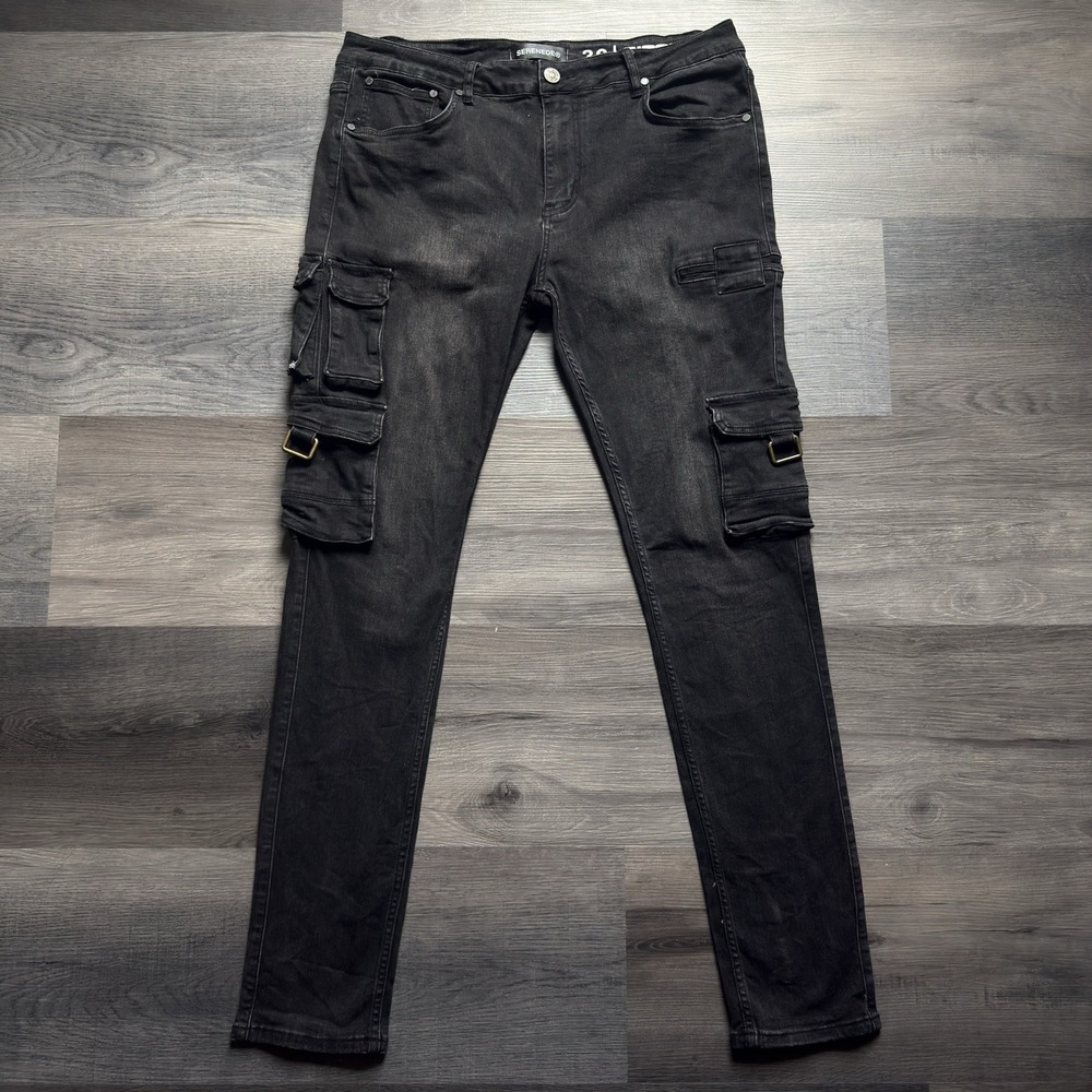 SERENEDE Panthera Cargo Jeans Mens 36x32 Black Denim Skinny Stretch Streetwear